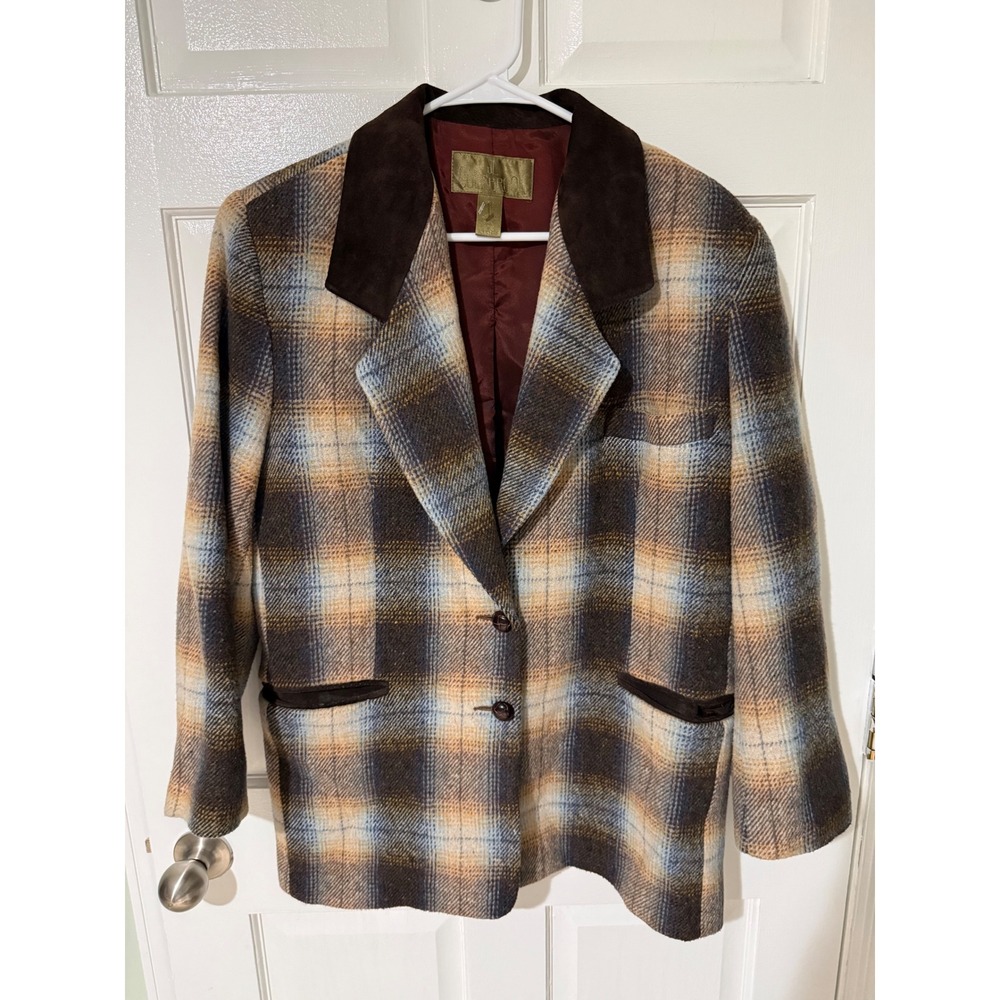 Colebrook Equestrian Wool Blend Plaid Blazer Brown Collar Jacket Size M